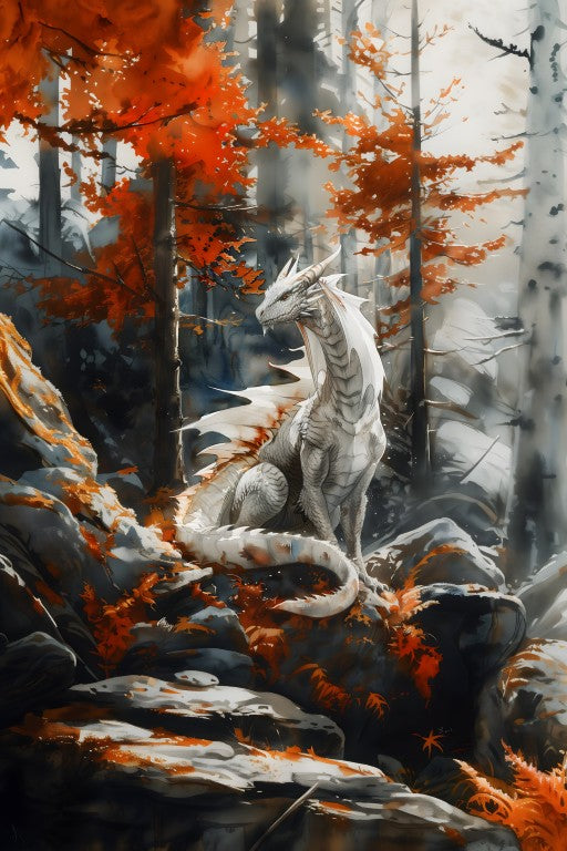 White Dragon in an Autumn Birch Forest