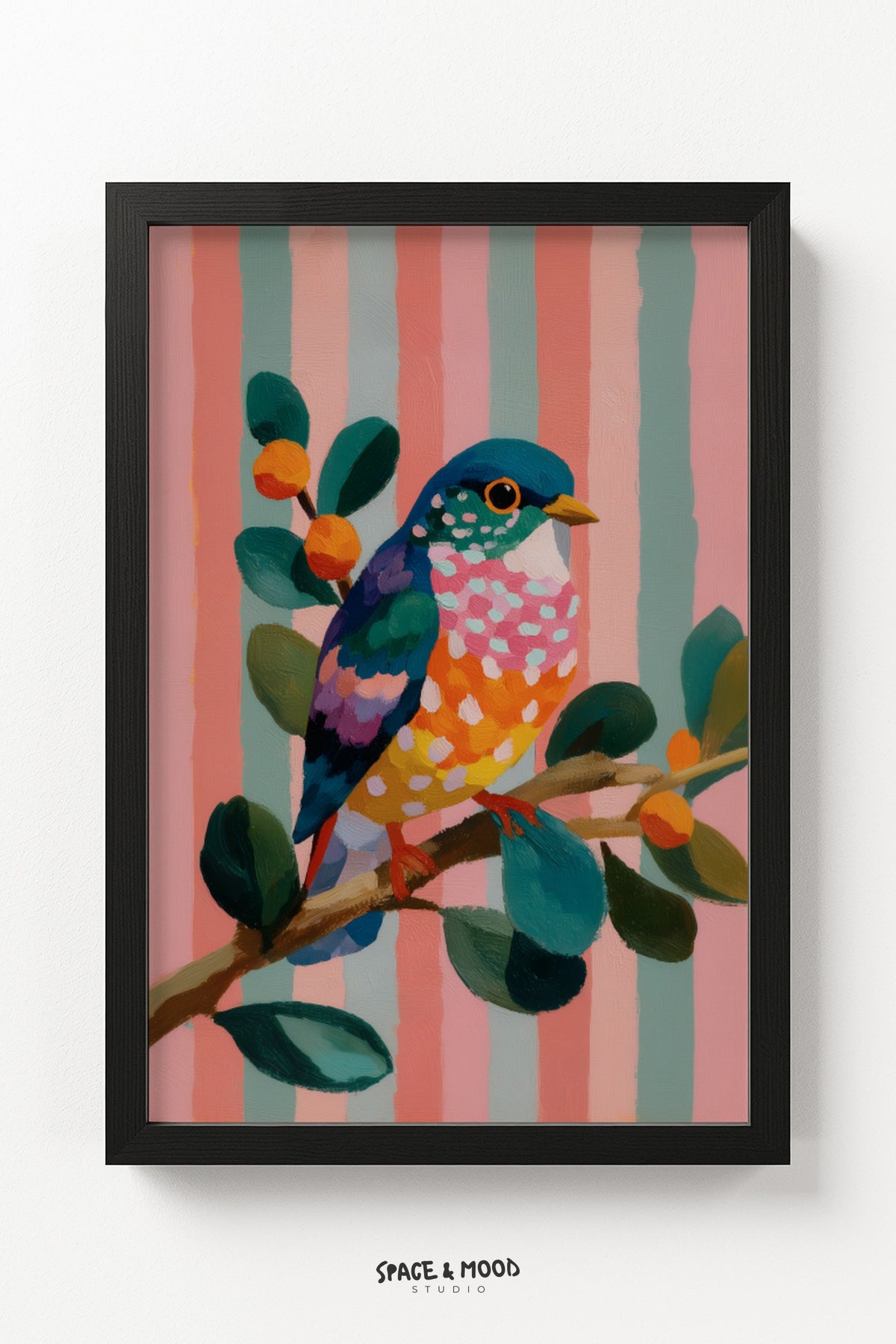 Colorful Folk Bird on Pink Stripes