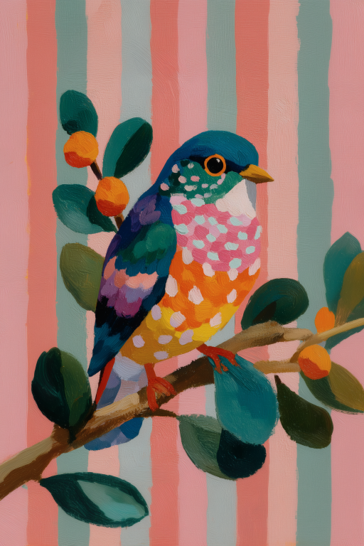 Colorful Folk Bird on Pink Stripes