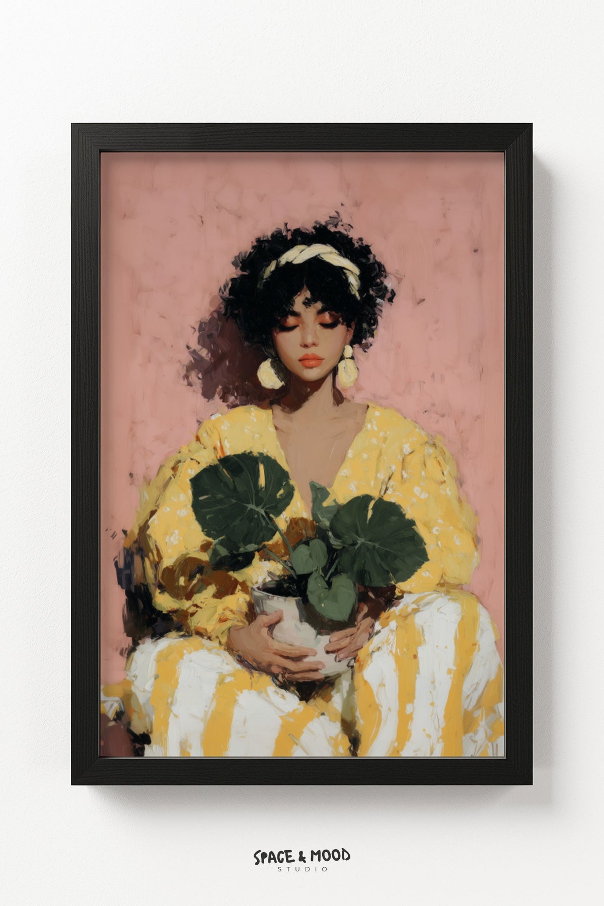 Woman in Yellow Holding a Potted Plant