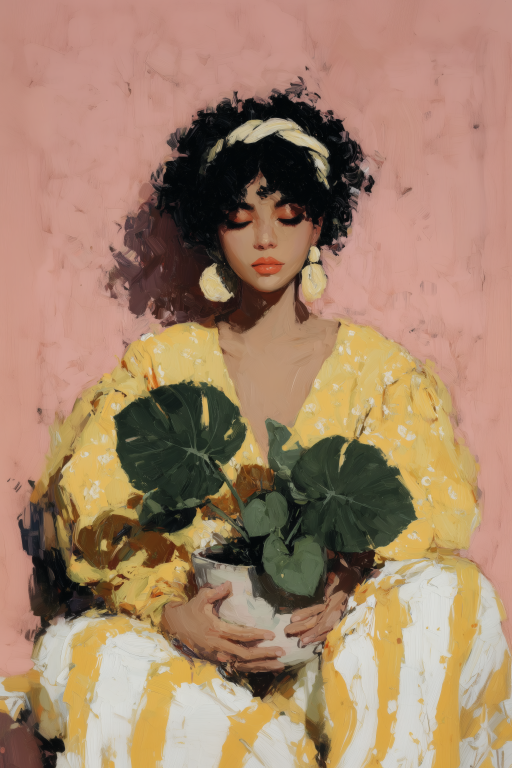 Woman in Yellow Holding a Potted Plant