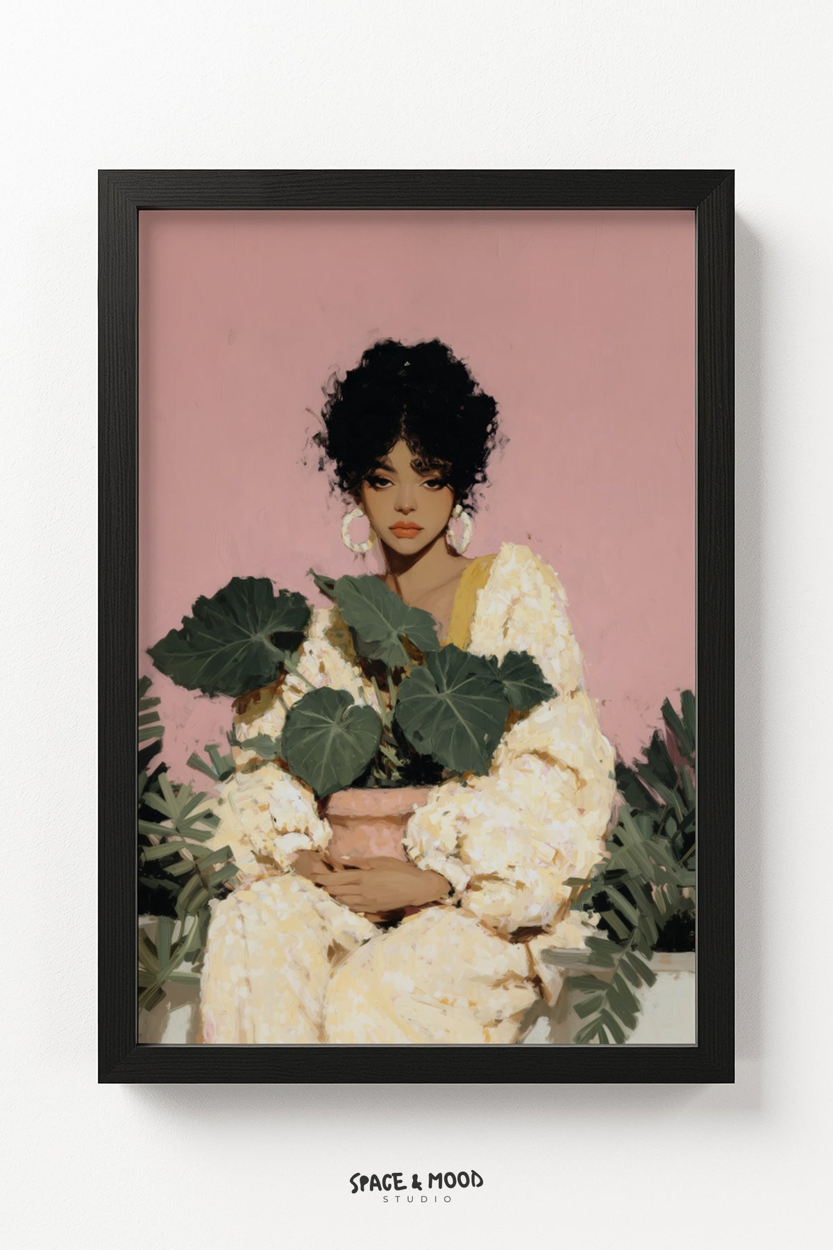 Woman in Ivory with a Leafy Houseplant