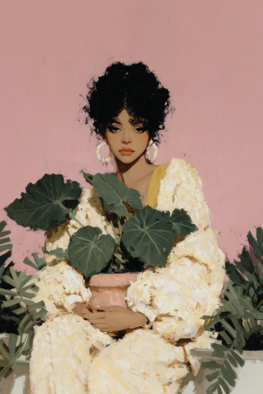 Woman in Ivory with a Leafy Houseplant