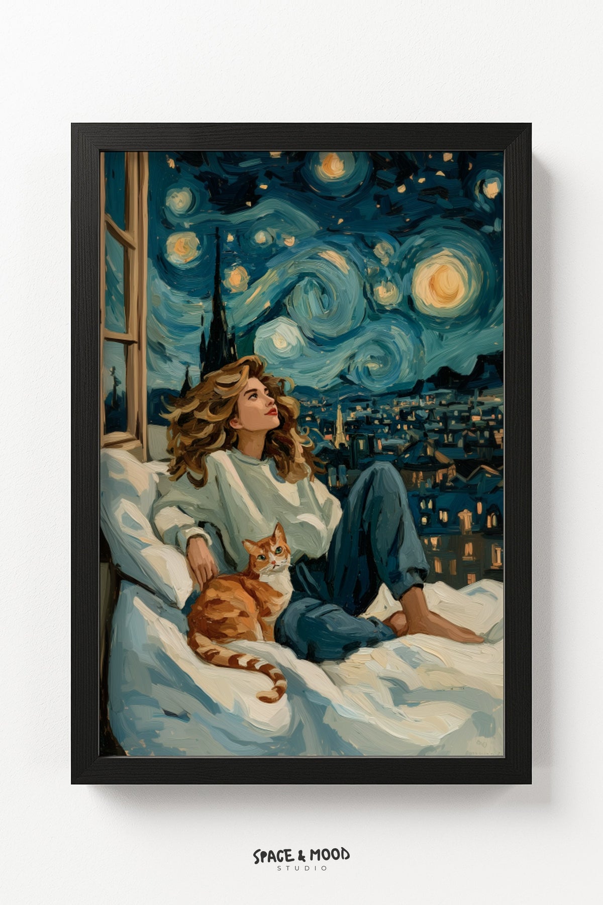 Woman and Ginger Cat Under a Swirling Sky