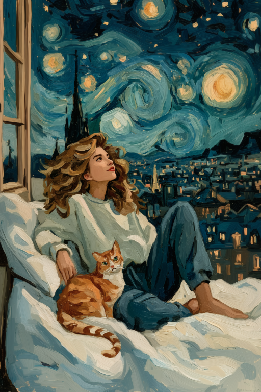 Woman and Ginger Cat Under a Swirling Sky