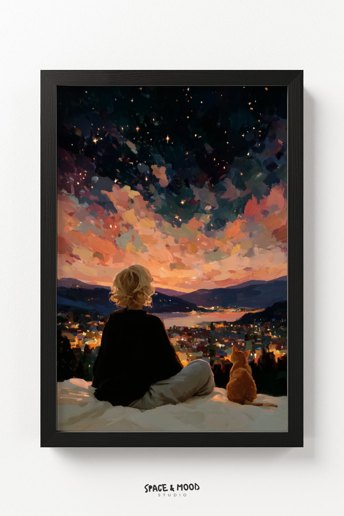 Woman and Cat Beneath a Glowing Night Sky