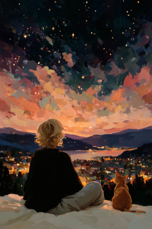 Woman and Cat Beneath a Glowing Night Sky